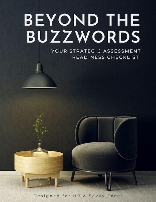 Beyond the Buzzwords Your Strategic Assessment Readiness Checklist - Cover Photo. Black sitting room chair with a light hovering over a table.